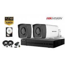 Kit complet supraveghere video Hikvision 2 camere 1080p FullHD, IR 80M, HDD 500GB