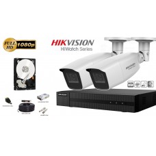 Kit complet supraveghere video Hikvision seria HiWatch, 2 camere FullHD, IR 70M, lentila varifocala