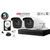 Kit complet supraveghere video Hikvision seria HiWatch, 2 camere 5 Megapixeli, IR 40M