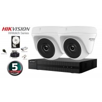 Kit complet supraveghere video Hikvision seria HiWatch, 2 camere 5 Megapixeli, IR 20M, TURRET