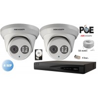Kit complet supraveghere video 2 camere dome IP Hikvision 4MP, IR 30M, microfon incorporat,SD-card