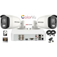Kit complet supraveghere video Hikvision  2 camere ColorVU  5mpx (2K+) IR 20M, HDD 1 TB