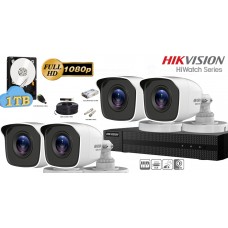 Kit complet supraveghere video Hikvision seria HiWatch, 4 camere FullHD, IR 20M