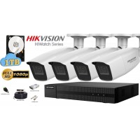Kit complet supraveghere video Hikvision seria HiWatch, 4 camere FullHD, IR 40M, lentila varifocala
