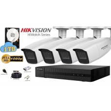 Kit complet supraveghere video Hikvision seria HiWatch, 4 camere FullHD, IR 70M, lentila varifocala