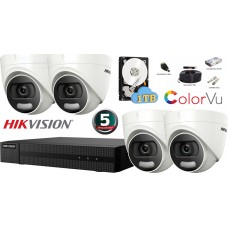 Kit complet supraveghere Hikvision 4 camere de interior ColorVu AnalogHD 5MP(2K+), IR 20m
