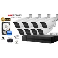 Kit complet supraveghere video Hikvision seria HiWatch, 8 camere FullHD, IR 70M, lentila varifocala
