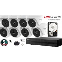 Kit complet supraveghere video Hikvision seria HiWatch, 8 camere 5 Megapixeli, IR 20M, TURRET