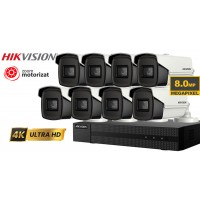 Sistem supraveghere Hikvision 8 camere de exterior, Zoom motorizat, Lentila varifocala 8MP(4K), IR 80M