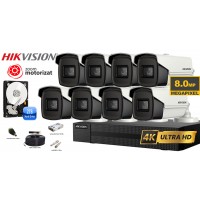 Kit complet supraveghere Hikvision 8 camere de exterior Zoom motorizat,Lentila varifocala,TurboHD 8MP(4K),IR 80m