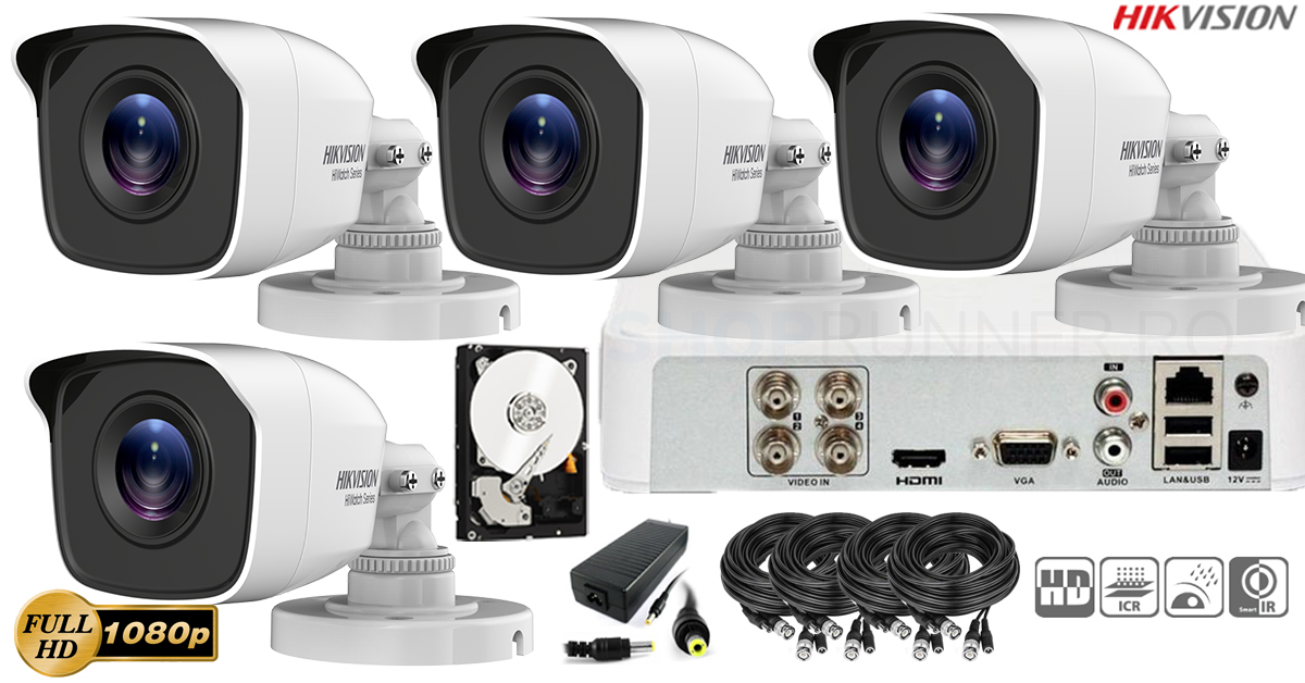 Kit Complet Supraveghere Video Hikvision 4 Camere Fullhd, 1080p, Ir 20m, Hdd 500gb