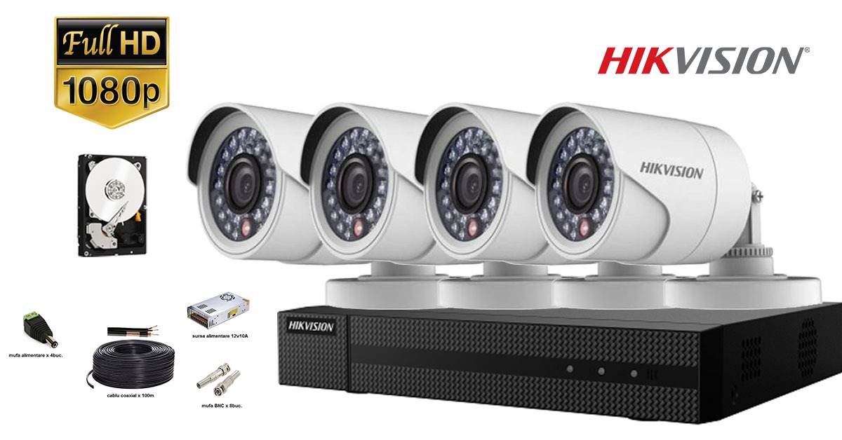 Kit Complet Supraveghere Hikvision 4 Camere De Exterior 2mp Full Hd 1080p, Ir 20m