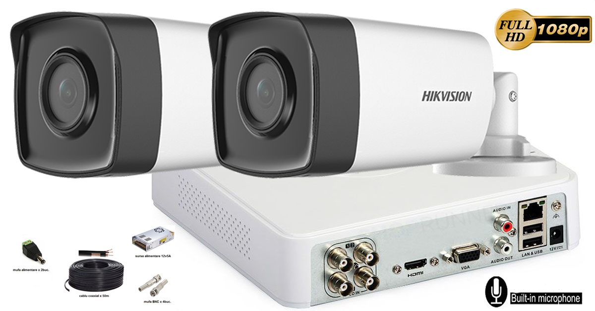 Kit complet supraveghere Hikvision 2 camere FullHD 1080p, IR40m, microfon incorporat   