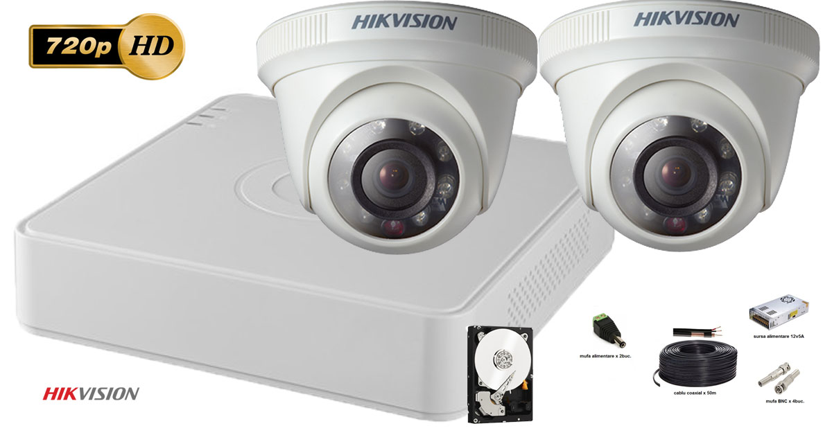 Kit complet supraveghere video Hikvision 2 camere de interior TurboHD 720p, IR 20M