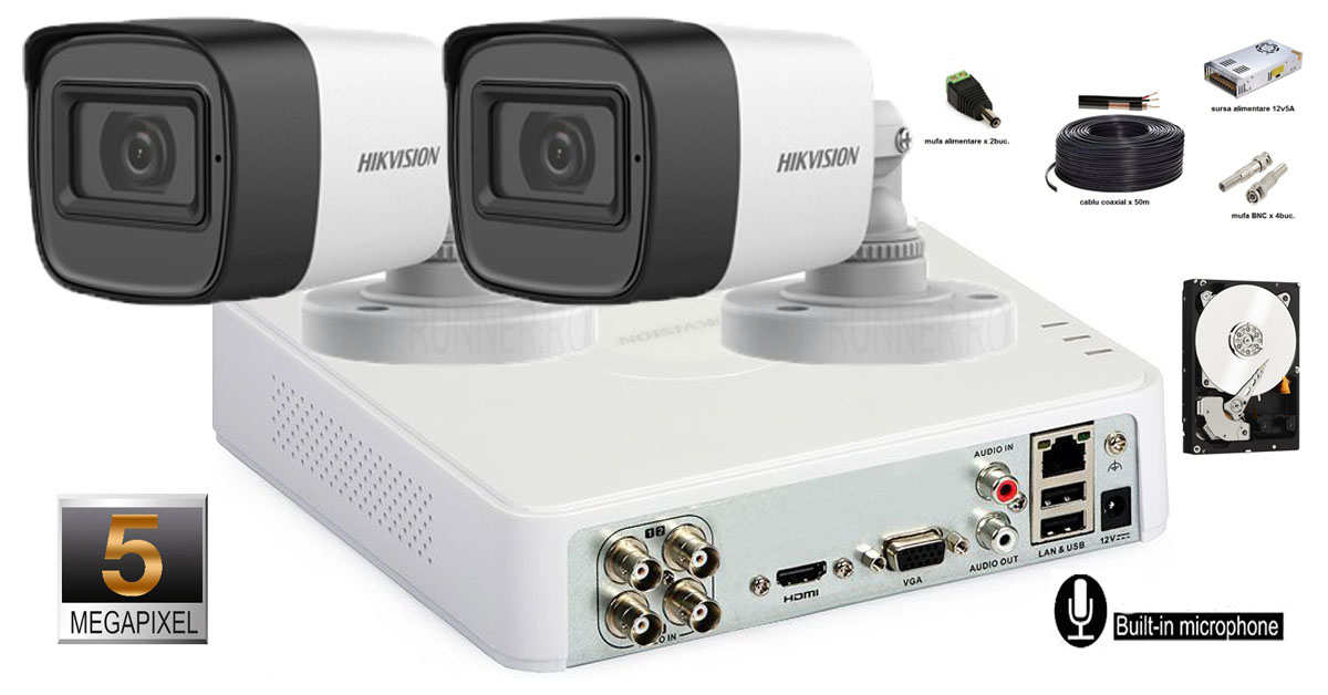 Kit complet supraveghere Hikvision 2 camere 5 Megapixeli, IR30m, microfon incorporat 