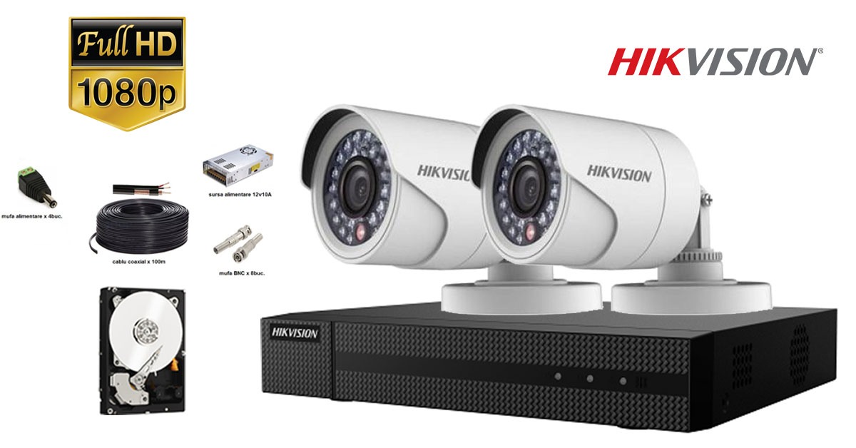 Kit Complet Supraveghere Hikvision 2 Camere 1080p, Ir 20m