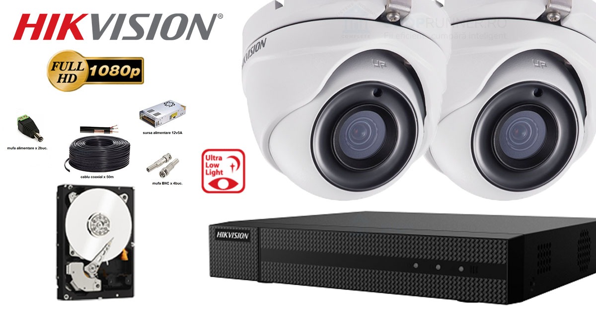 Kit Complet Supraveghere Video Hikvision 2 Camere Ultra Low-light, 2 Mp Full Hd, Ir 30m