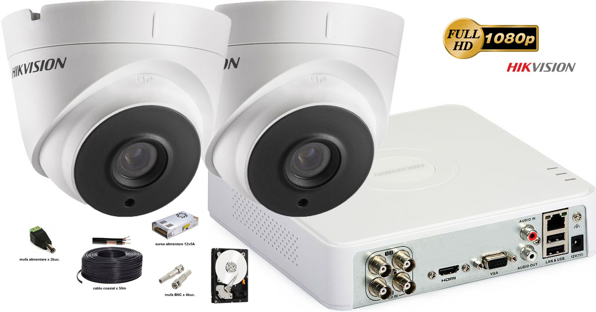 Kit Complet Supraveghere Hikvision 2 Camere Ultra Low-light 2mp Full Hd 1080p, Ir 60 M