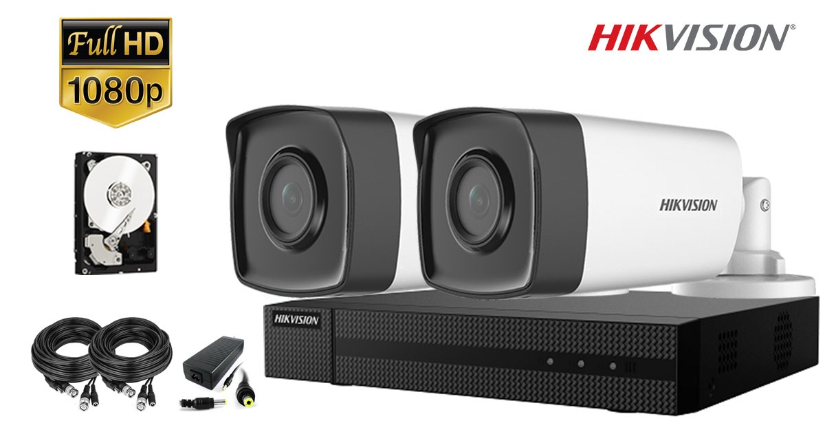 Kit Complet Supraveghere Video Hikvision 2 Camere 1080p Fullhd, Ir 40m, Hdd 500gb