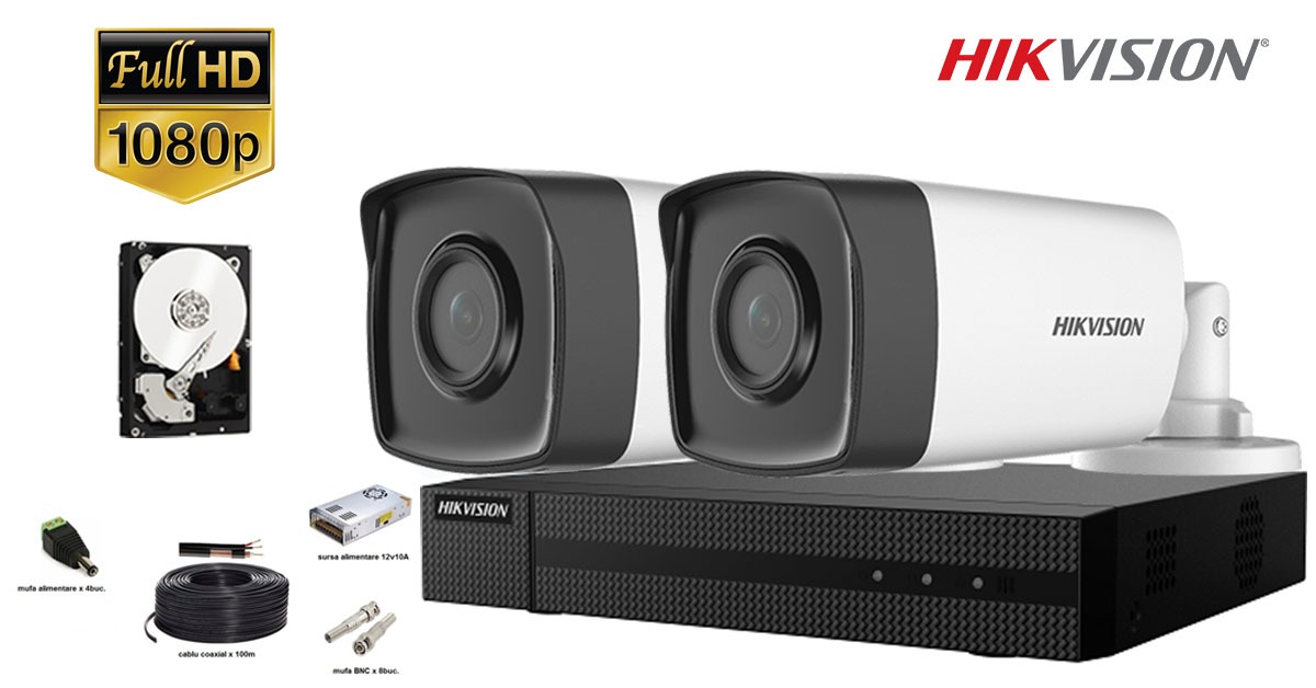 Kit Complet Supraveghere Hikvision 2 Camere 1080p Full Hd,ir 40m