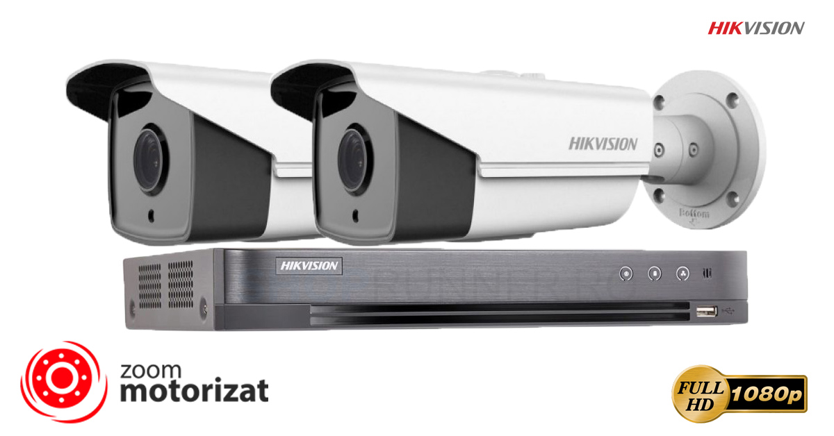 Sistem supraveghere video Hikvision 2 camere de exterior Turbo HD, Ultra Low-Light 2MP, lentila varifocala 2.8 - 12 mm, zoom motorizat, POC, IR 40m