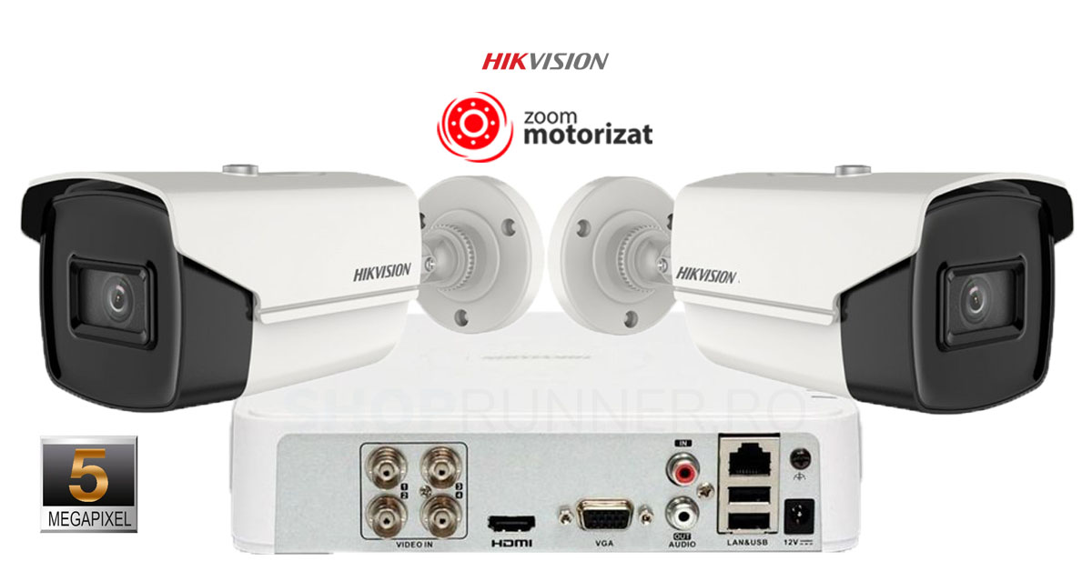 Sistem Supraveghere Video Hikvision 2 Camere 5mp(2k+) Zoom Motorizat, Ir 40m