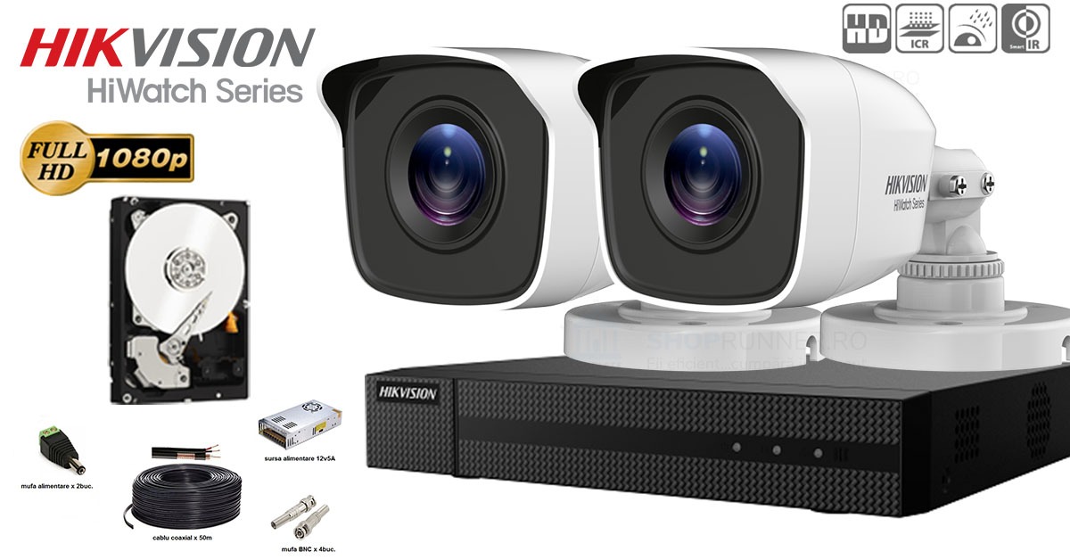 Kit Complet Supraveghere Video Hikvision Seria Hiwatch, 2 Camere Fullhd, Ir 20m