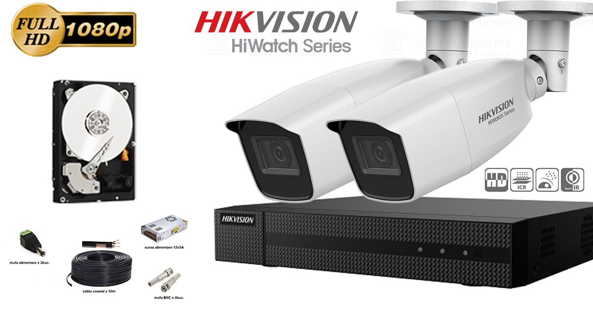 Kit Complet Supraveghere Video Hikvision Seria Hiwatch, 2 Camere Fullhd, Ir 40m, Lentila Varifocala