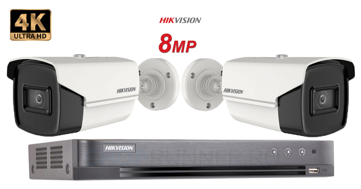 Sistem supraveghere Hikvision 2 camere de exterior 8MP(4K),IR 80m