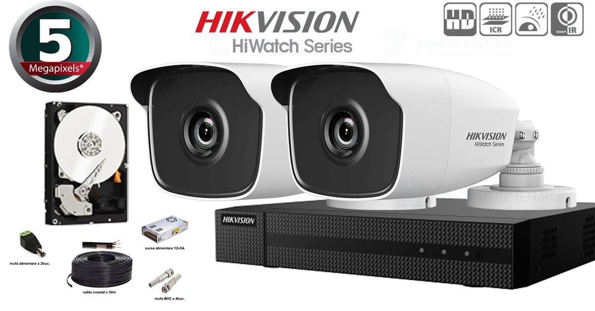 Kit Complet Supraveghere Video Hikvision Seria Hiwatch, 2 Camere 5 Megapixeli, Ir 40m