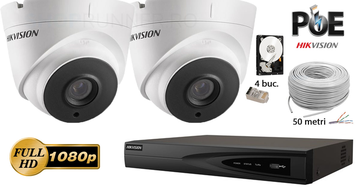 Kit complet supraveghere video IP Hikvision 2 camere de interior,2MP Full HD 1080P,IR 30m
