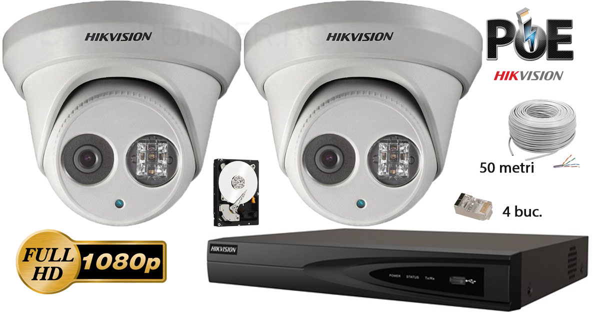 Kit complet supraveghere video IP Hikvision 2 camere STARLIGHT de interior, 2MP Full HD 1080p, IR 30m