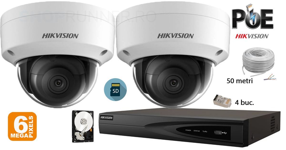 Kit Complet Supraveghere Video Ip Hikvision 2 Camere De Interior 6mp(3k),sd-card,ir 30m
