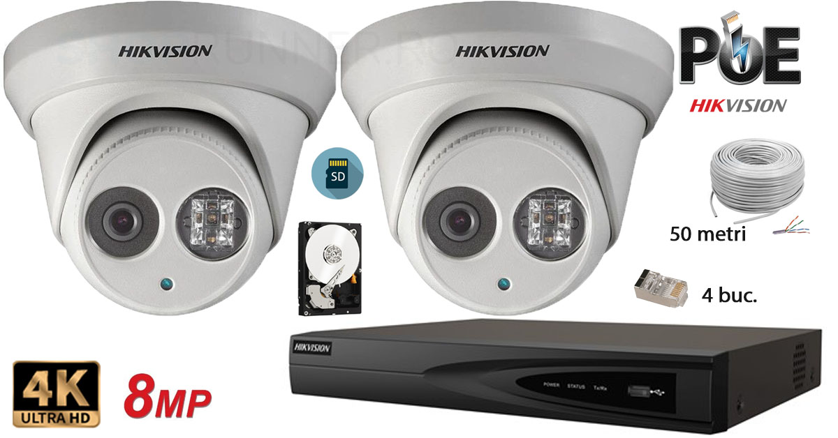 Kit Complet Supraveghere Video Hikvision 2 Camere Ip De Interior,ultra Hd 8mp(4k),sd-card,ir 30m