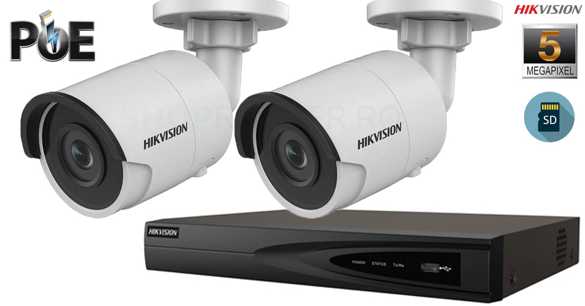 Sistem Supraveghere Video Hikvision 2 Camere Ip De Exterior,5mp(2k+),sd-card,ir 30m