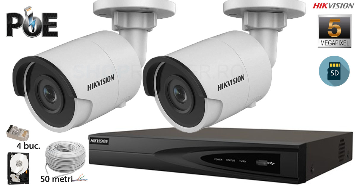 Kit complet supraveghere video Hikvision 2 camere IP de exterior ,5MP(2K+),SD-card,IR 30M