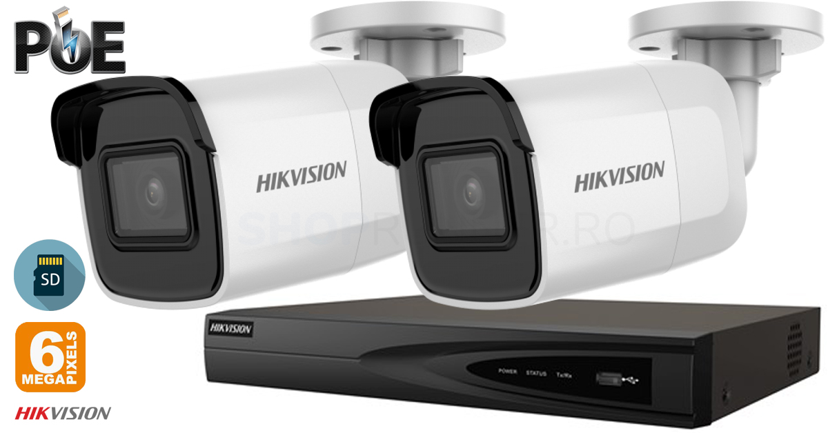 Sistem Supraveghere Video Hikvision 2 Camere Ip De Exterior 6mp(3k), Sd-card, Ir 30m