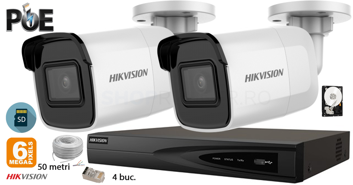 Kit Complet Supraveghere Video Hikvision 2 Camere Ip De Exterior 6mp(3k), Sd-card, Ir 30m