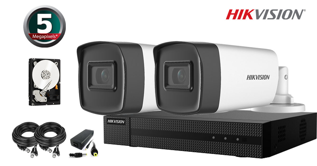 Kit Complet Supraveghere Video Hikvision 2 Camere 5mpx(2k+), Ir 40m, Hdd 500 Gb