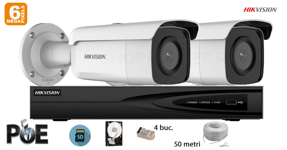 Kit complet supraveghere video Hikvision 2 camere IP de exterior, 6MP(3K), SD-card, IR 80m