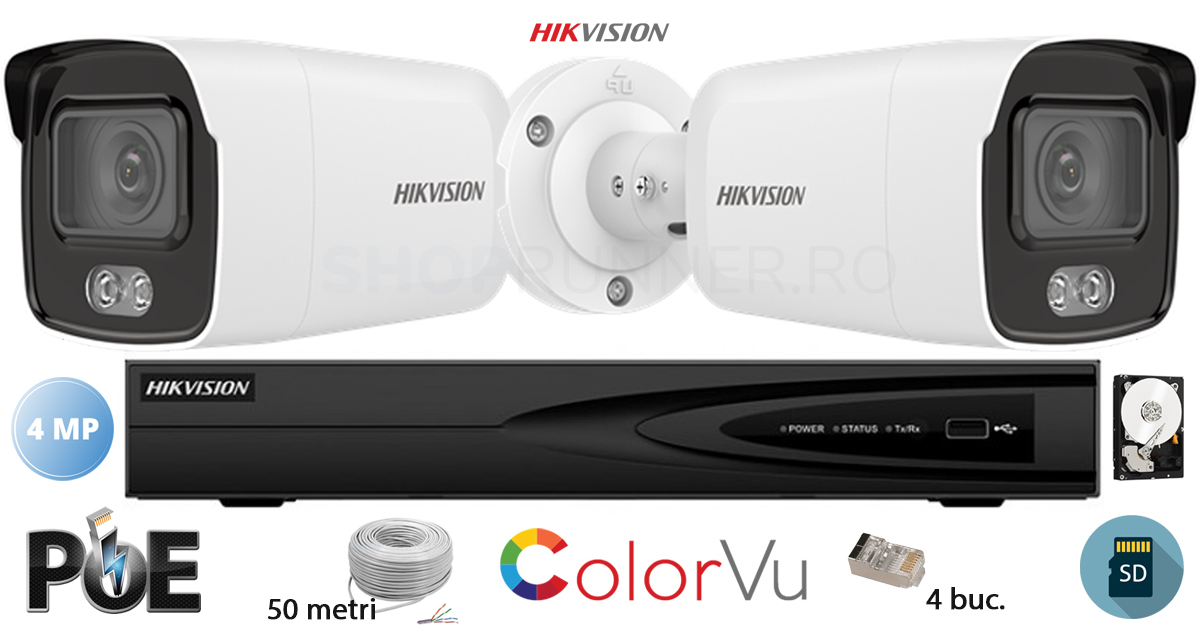 Kit Complet Supraveghere Video Hikvision 2 Camere Ip Colorvu 4mp(2k), Sd-card, Ir 30m