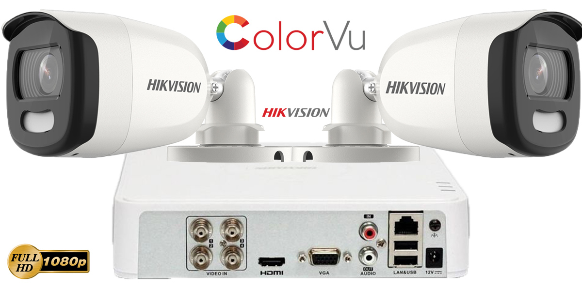 Sistem supraveghere video Hikvision 2 camere de exterior ColorVU AnalogHD, 2MP Full HD, IR 20M