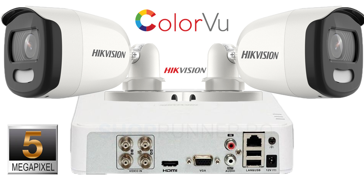 Sistem Supraveghere Video Hikvision 2 Camere Colorvu Analoghd 5mp(2k+), Ir 20m