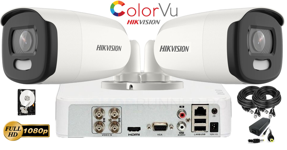 Kit Complet Supraveghere Video Hikvision 2 Camere Colorvu Fullhd, Ir 40m