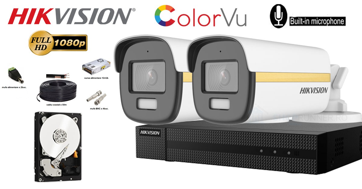 Kit Complet Supraveghere Hikvision 2 Camere Colorvu 2mp Full Hd 1080p