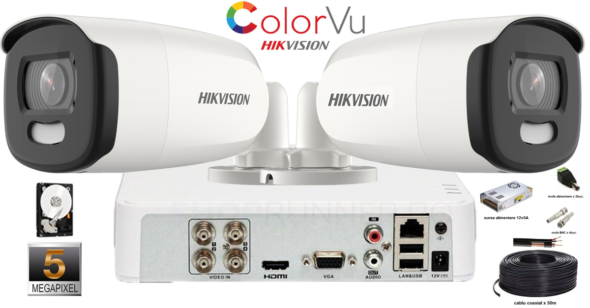 Kit Complet Supraveghere Hikvision 2 Camere Colorvu 5mp(2k+),ir 40m