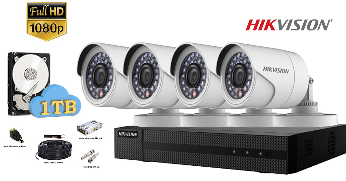 Kit Complet Supraveghere Hikvision 4 Camere 2mp 1080p Ir 20m