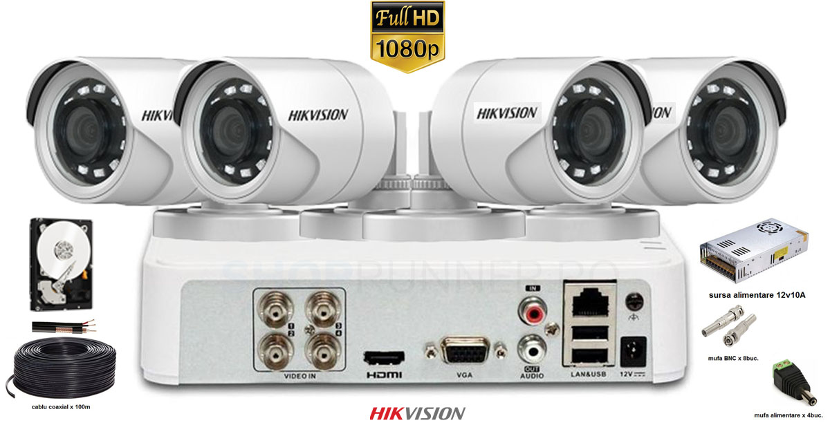 Kit complet supraveghere Hikvision 4 camere 2MP 1080p IR 20m