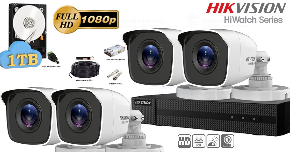 Kit Complet Supraveghere Video Hikvision Seria Hiwatch, 4 Camere Fullhd, Ir 20m