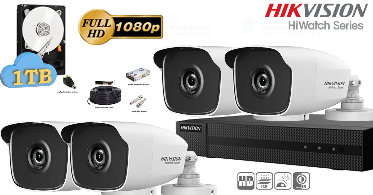 Kit Complet Supraveghere Video Hikvision Seria Hiwatch, 4 Camere Fullhd, Ir 40m